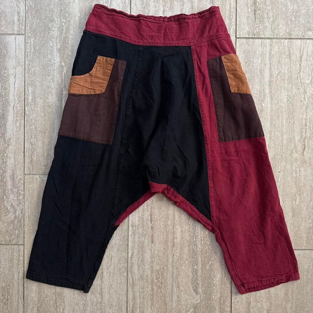Vintage Boho Patchwork Harem Pants Cotton Colorblock Drop Crotch Hippie Grunge M